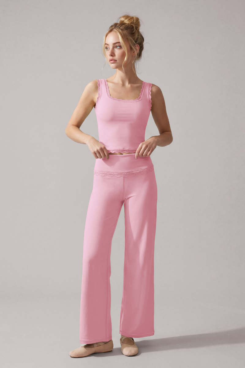 Women's Lace Trim Tank Top And Wide Leg Pants Workout Set