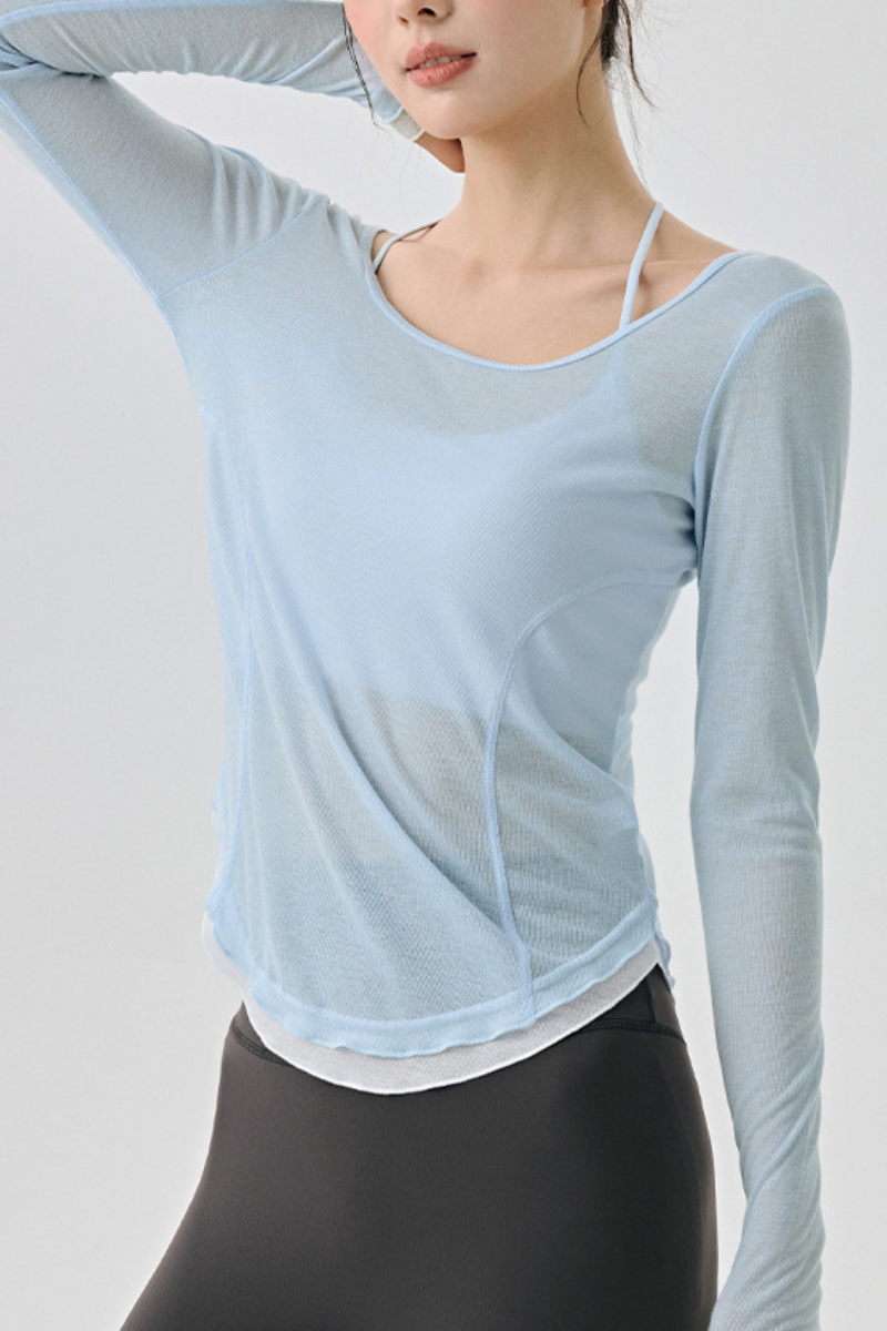 Women Spring Color-Block Dip Hem Breathable Long Sleeve Top