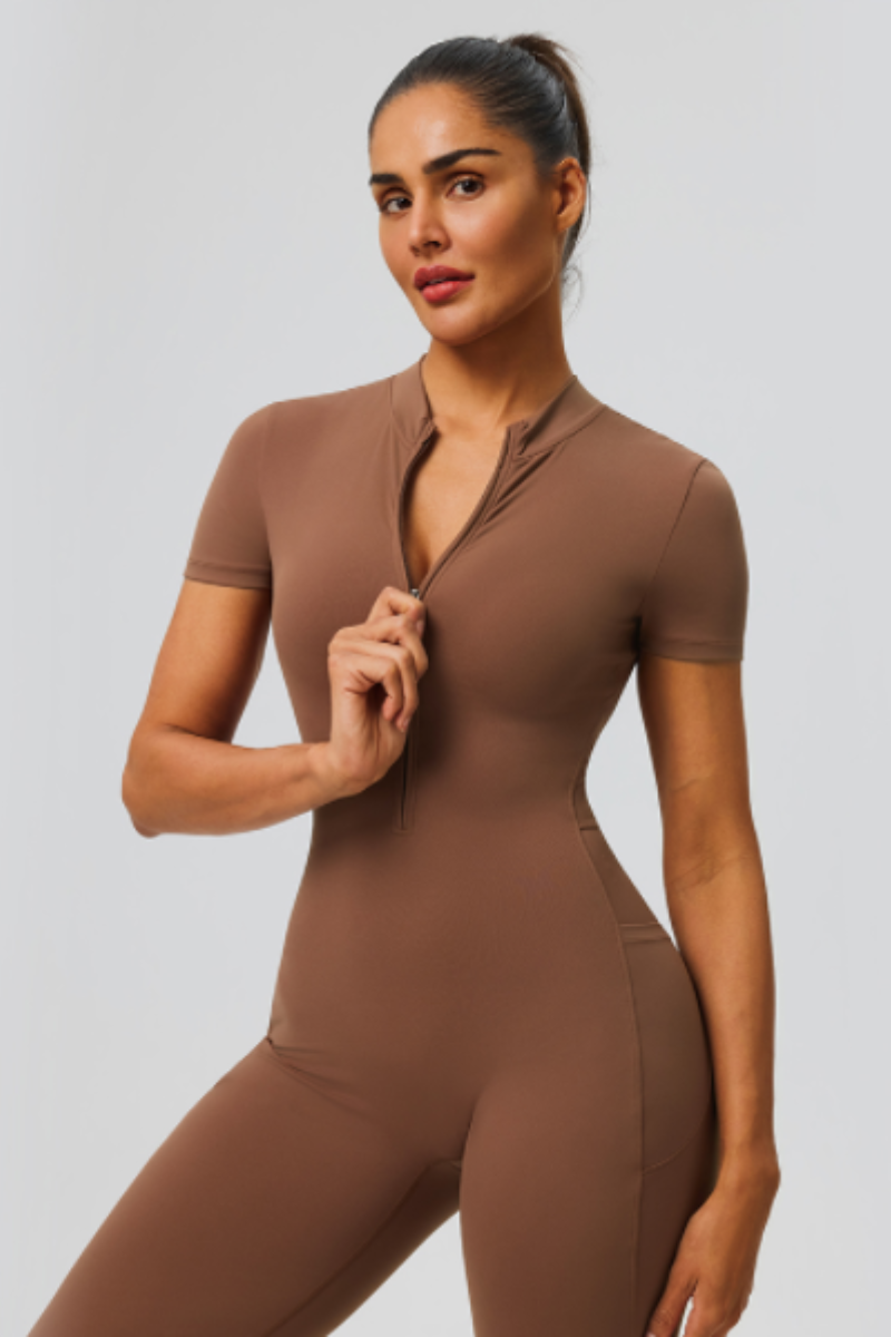 Women's Athletic Short Sleeve Half Zipper Flare Jumpsuit