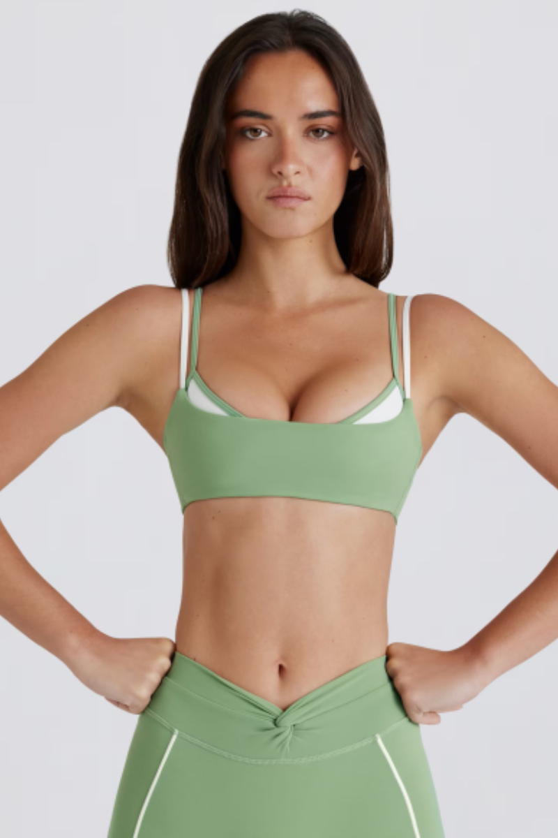 Women's Color-Block Double Thin Strap Twist Back Yoga Bra