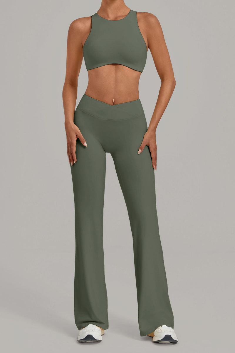 Women Cutout Back Cropped Tank Top & V waist Flare Pants Set