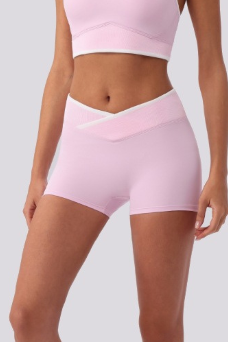 Women's Contrast Cross V Waist Bare Feel Yoga Shorts