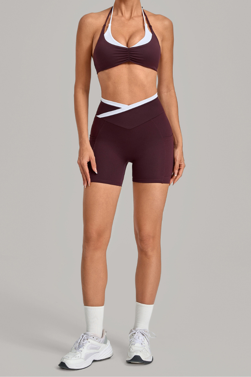 Women's Color Block Set:Halter Bra & V Waist Pocket Shorts