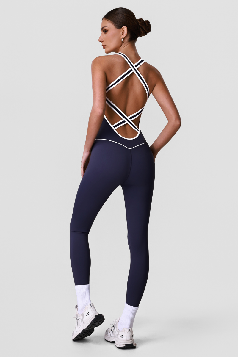 Women's Contrast Piping Crisscross Back Yoga Jumpsuits