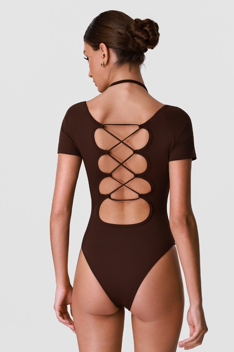 Women's Halter Cross-Back Cut Out One-Piece Yoga Bodysuit