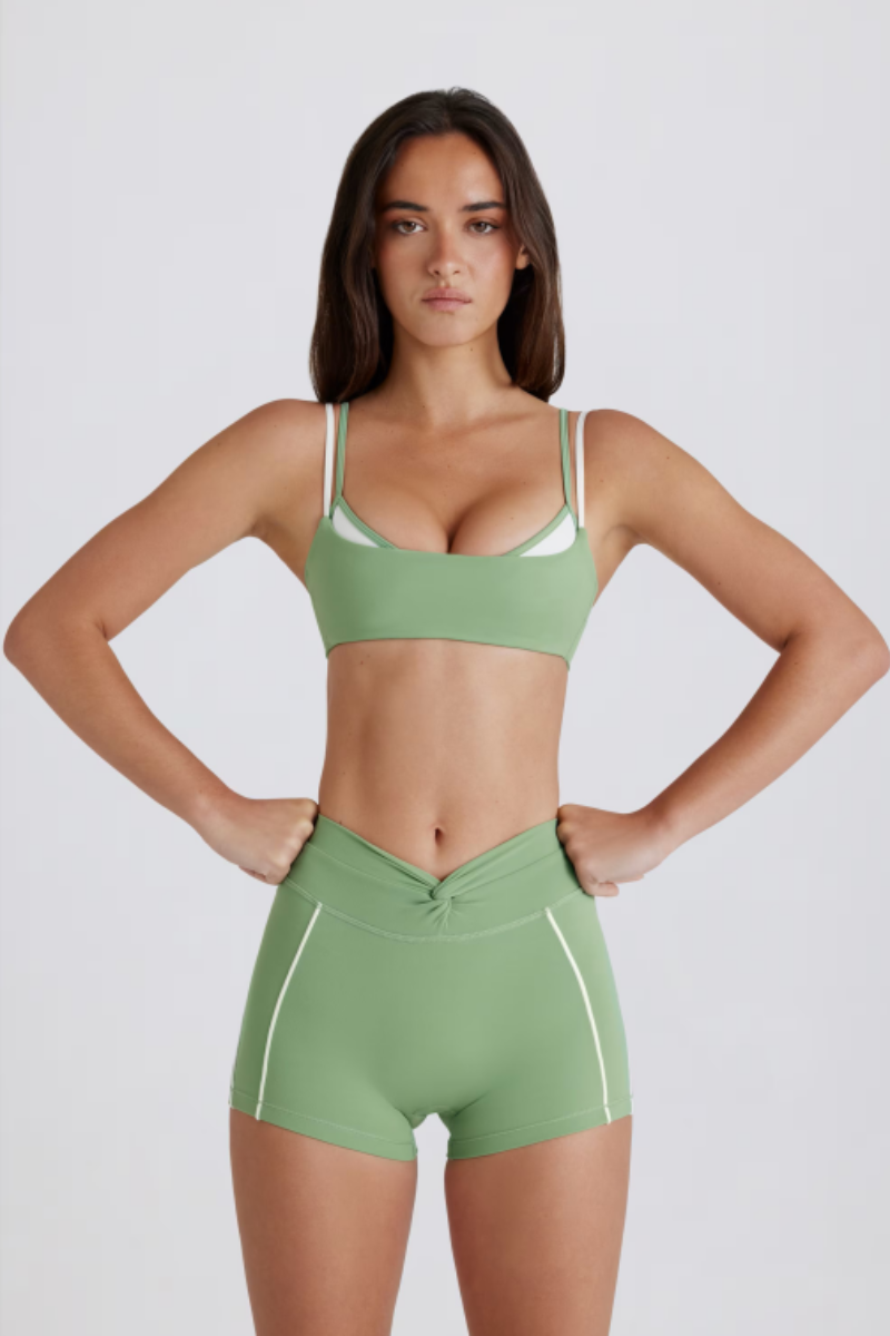 Women's Color Block Twist-Back Bra & V Waist Shorts Set