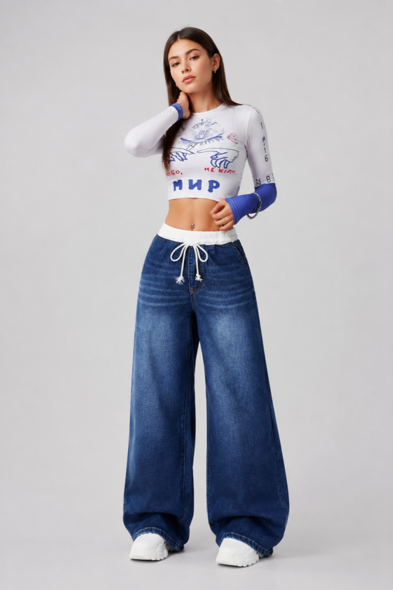 Women's Drawstring Waist Wide Leg Jeans