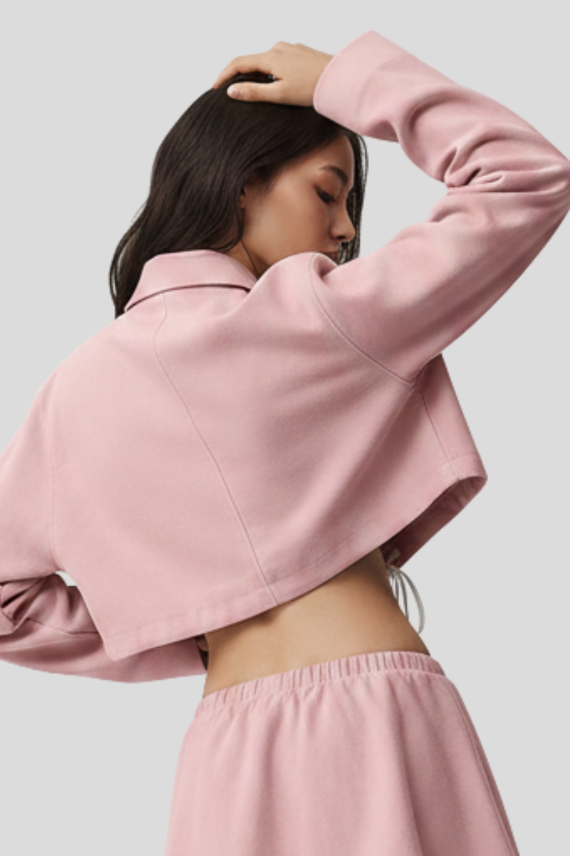 Women's Lapel Zipper Cropped Drawstring Jacket