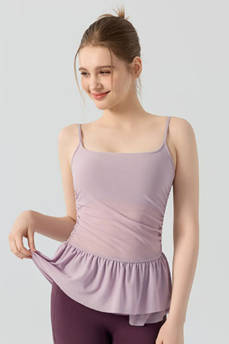 Women's Double Ruffle Hem Mesh Ruched Waist Yoga Cami