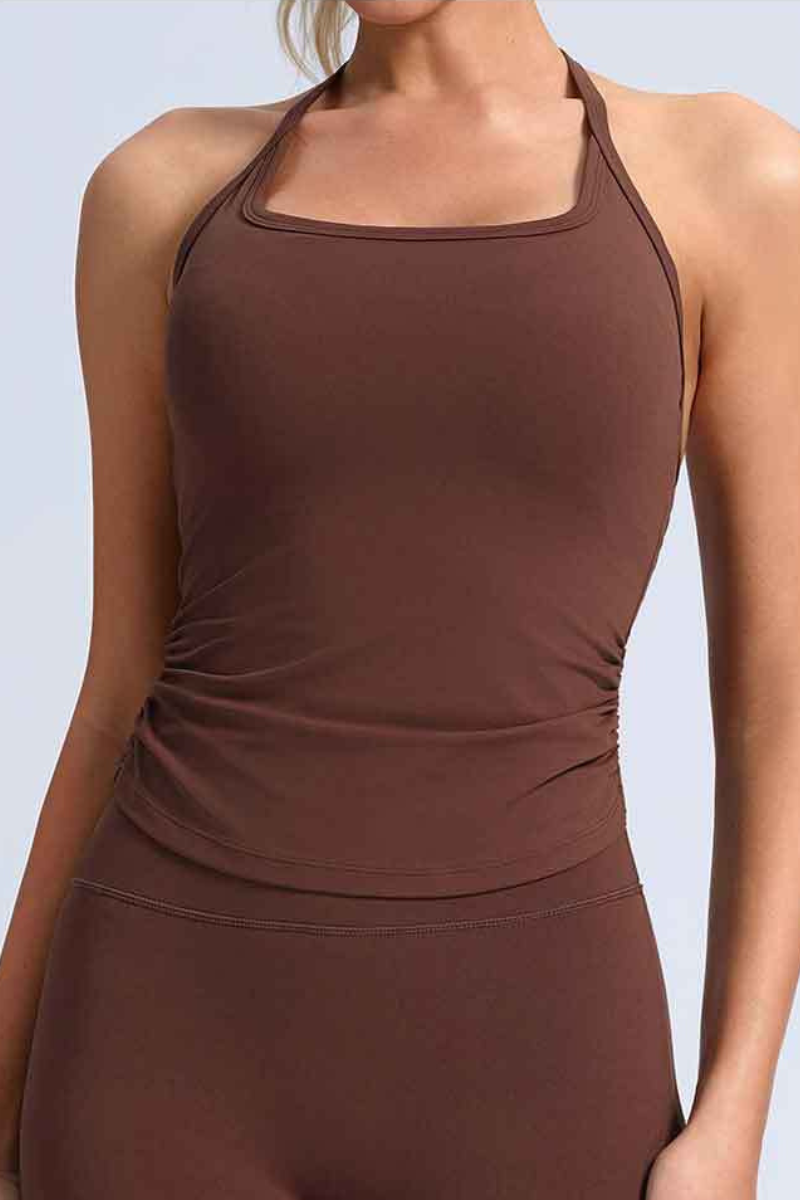 Women's Athletic Halter Side Pleated Long Yoga Tank Top