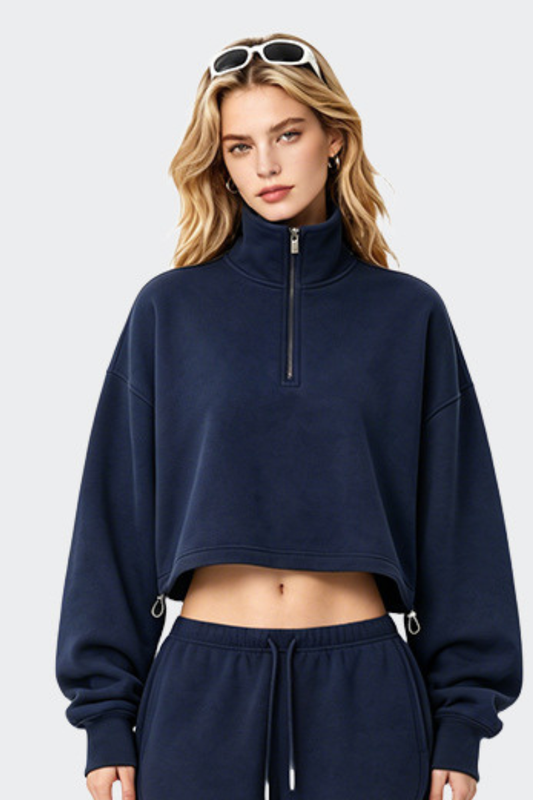 Women's Half Zip Stand Collar Cropped Drawstring Sweatshirt