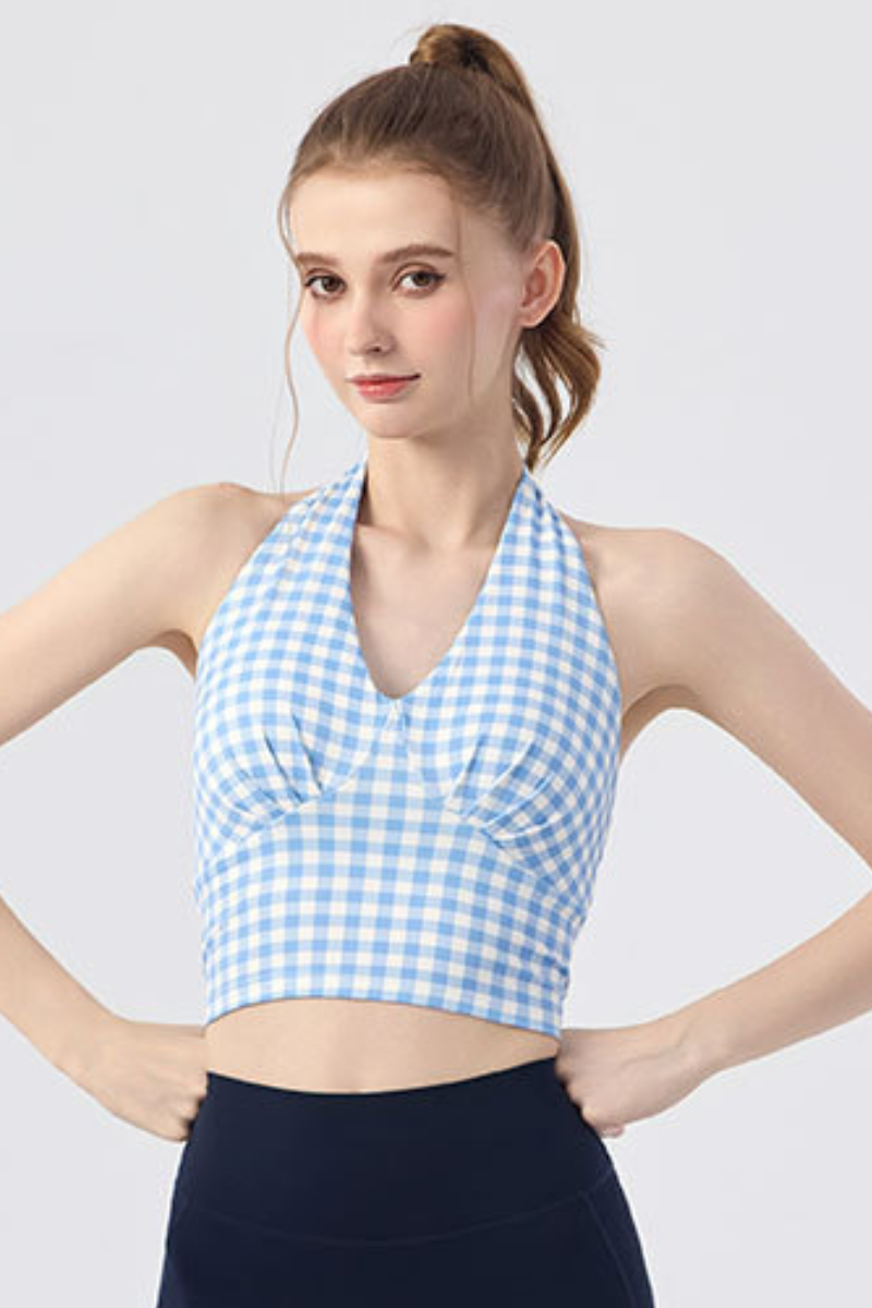 Women's Gingham Halter V-Neck Yoga Tank Top