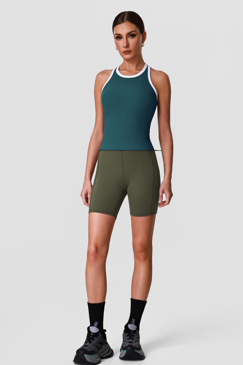 Women's Color-Block Racerback Workout Tank Top And Short Set