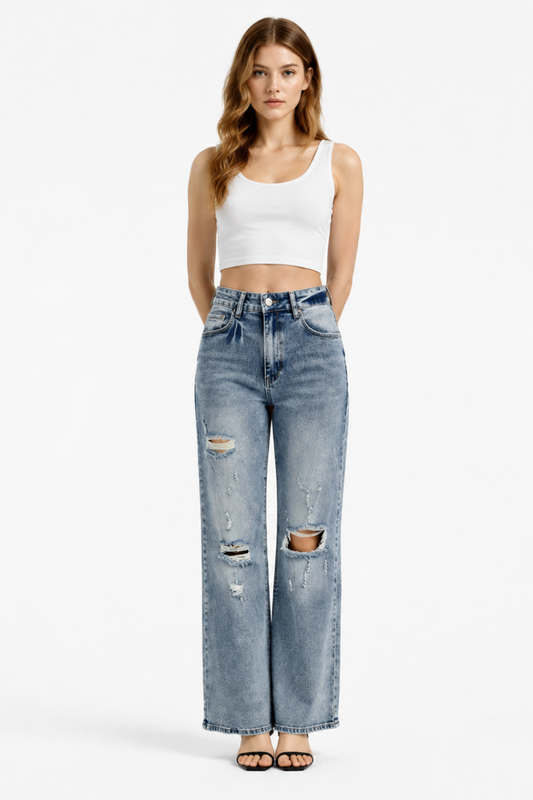 Women's High Waist Distressed Ripped Wide Leg Jeans