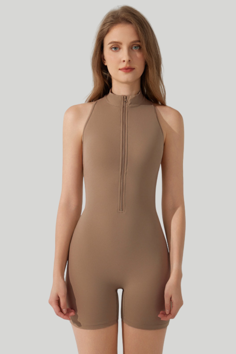 Women's Half-Zip Pleated Buttocks Lift Sports Yoga Jumpsuits