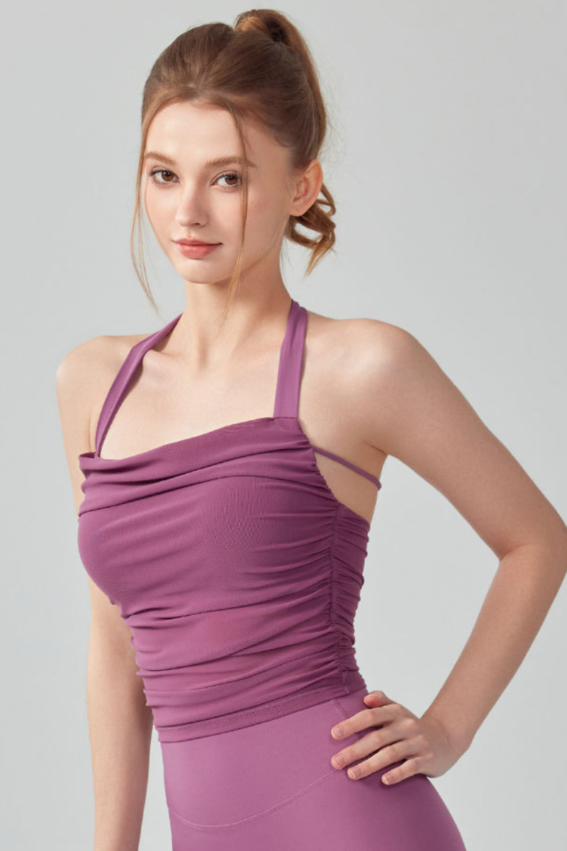 Women's HalterTie-Back Ruched Waist Mesh Padded Yoga Tank Top