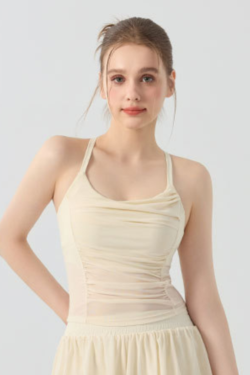 Women's Halter Mesh Ruched Waist Padded Yoga Tank Top