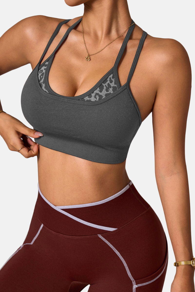 Women's Double Strap Leopard Splice Crisscross Back Sports Bra