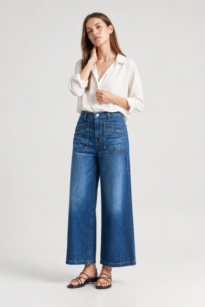 Women's High Waisted Wide Leg Jeans with Front Patch Pockets