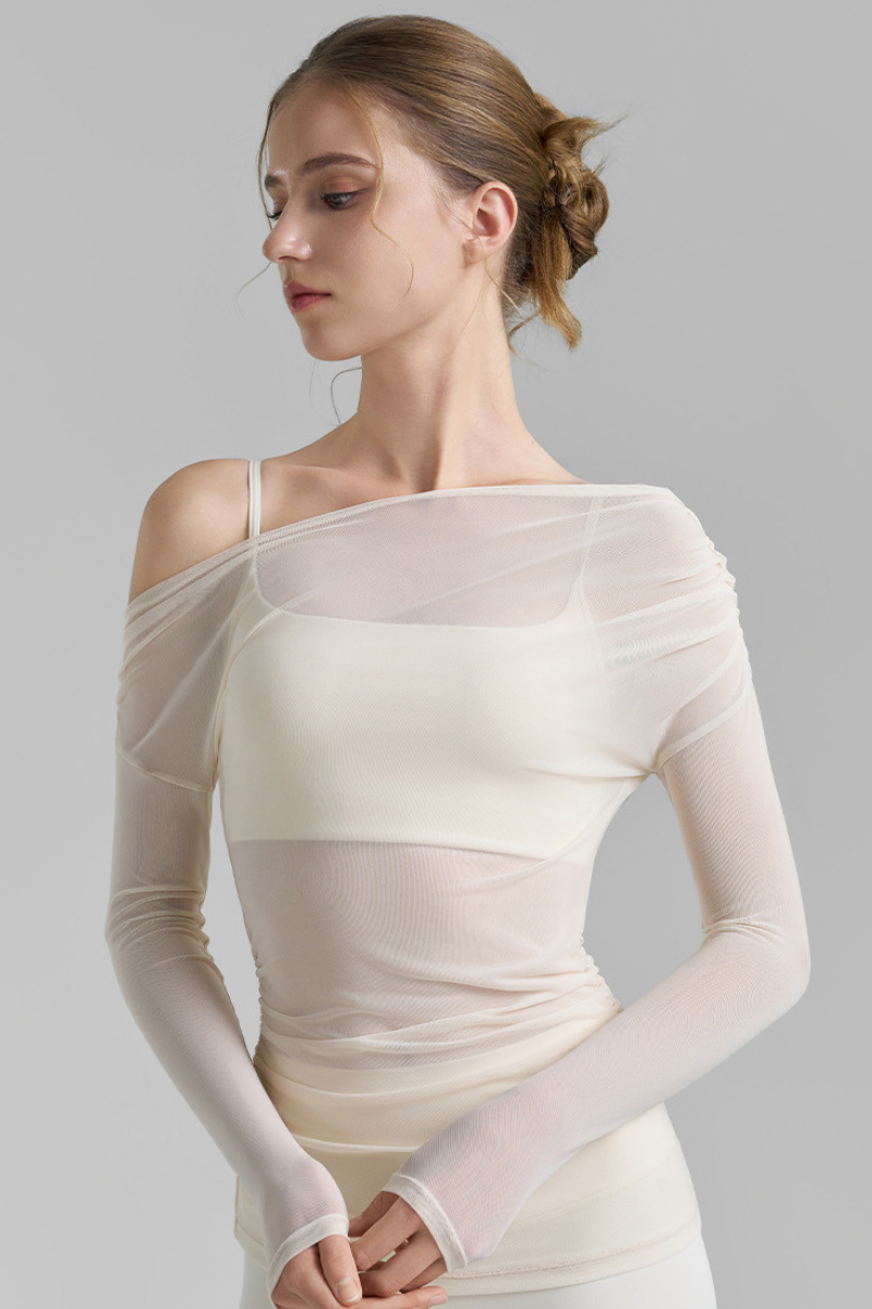 Women's Asymmetric  Shoulder Sheer Mesh Long Sleeve Yoga Top