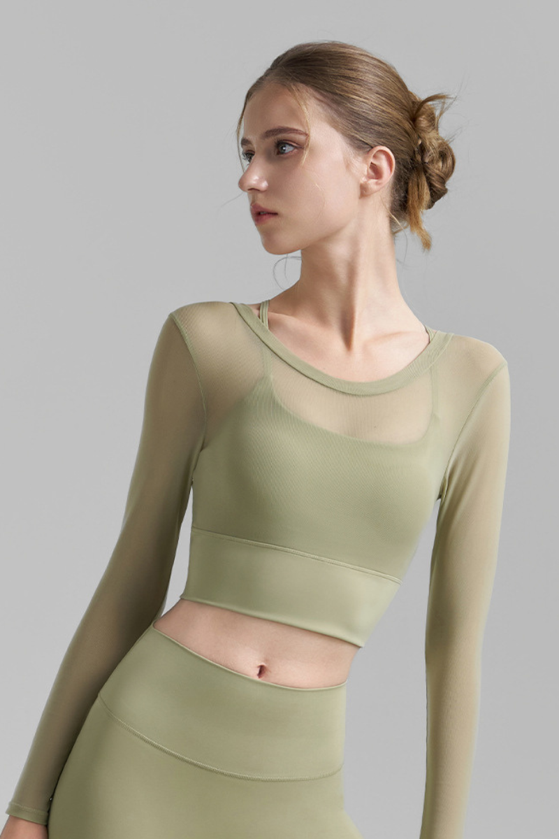 Women's Multi-Color Mesh Faux Two-Piece Cropped Yoga Top