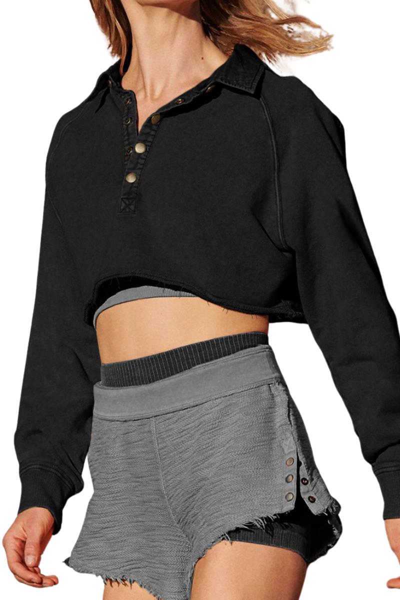 Women's Fall Cropped Collar Half Button Loose Sweatshirt