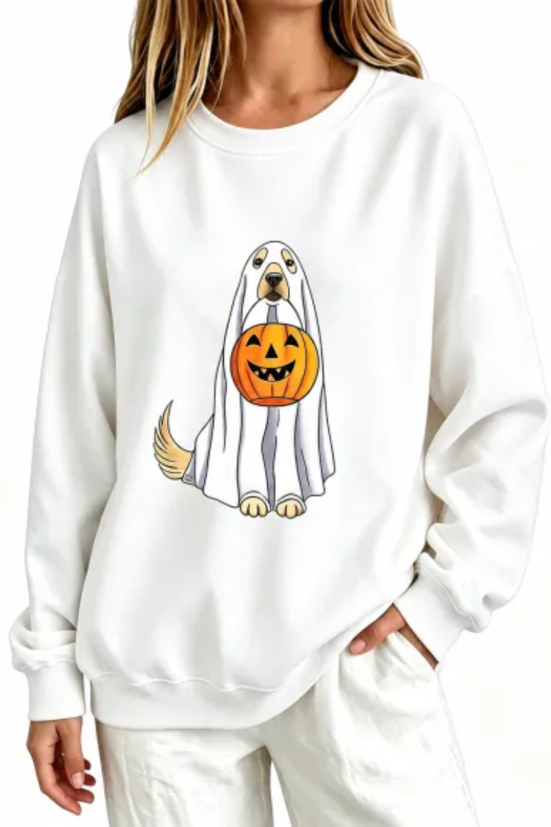 Women's Fall Ghost Dog Pumpkin Graphic Halloween Sweatshirt