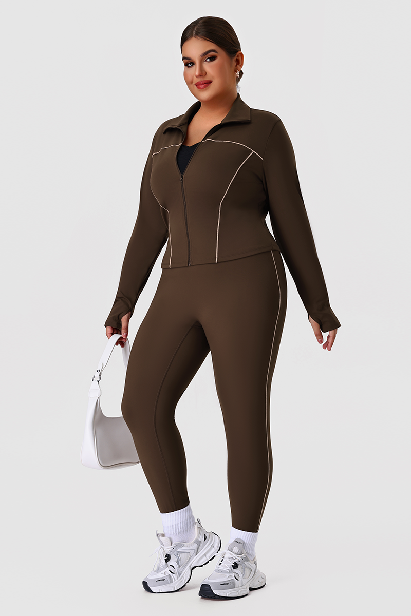 Plus Size Women's Color-Block Line Yoga Set With Jacket And Leggings