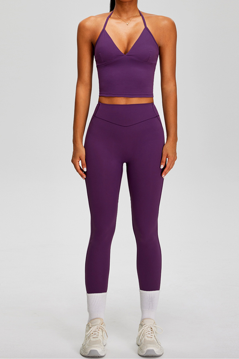 Women's Athletic Sets:Halter V-neck Tank Top And Leggings