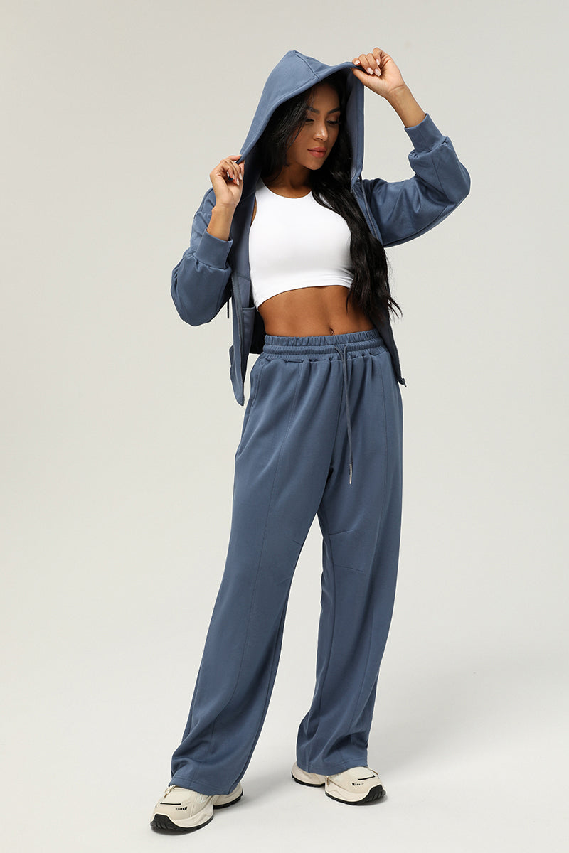 2 Pcs Set Zippered Jacket Hooded Casual Cardigan Jacket + High Waist Drawstringwide Leg Pants