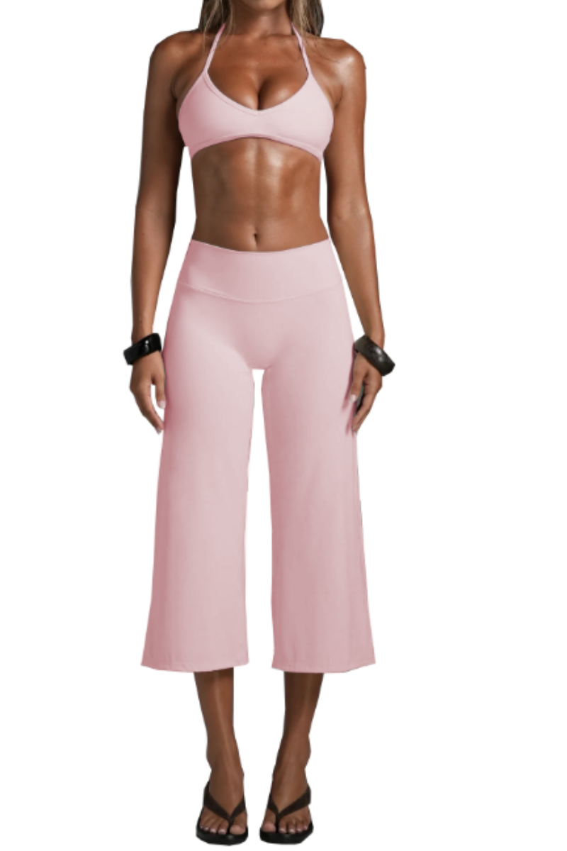 Women's Halter V-Neck Triangle Cup Sports Bra & High-Waist 7/8 Wide-Leg Yoga Pants Set