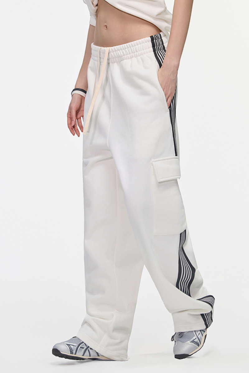 Men's 350g Color Block Stripe Pockets Straight Leg Pants