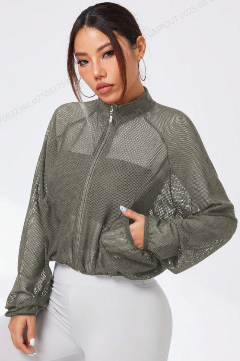 Women's Mock Neck Full Mesh Sheer Cropped Zip-Up Jacket