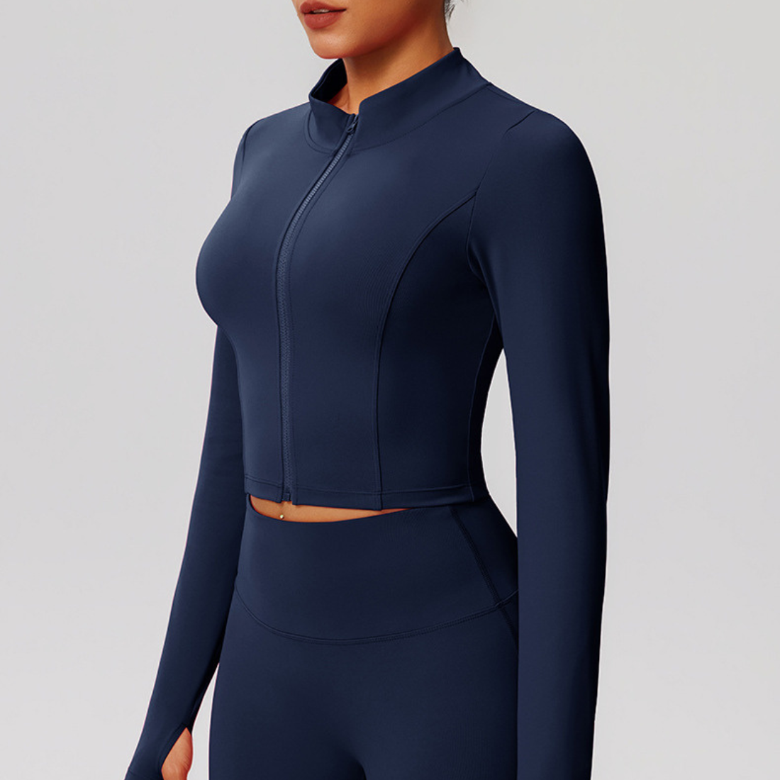 Women's Mock Neck Zipper Cropped Finger Cuffs Sports Jacket