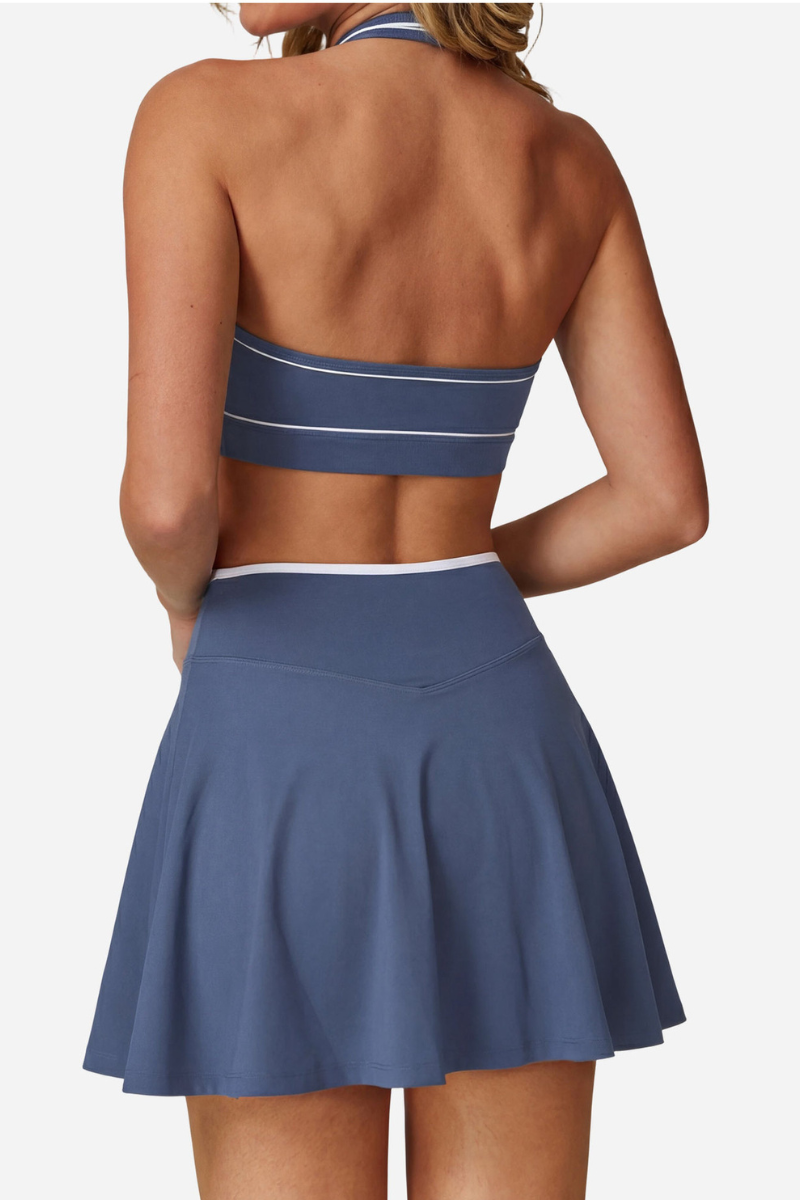 Women's Color Block Athletic Set :Halterneck Bra And  Skirt