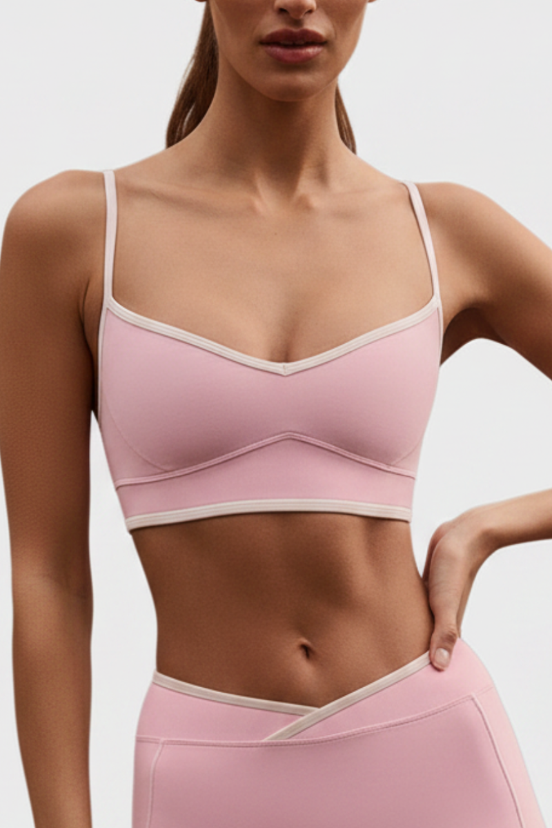 Women's Nude Color-Blocking Thin Strap V-neck Sports Bra