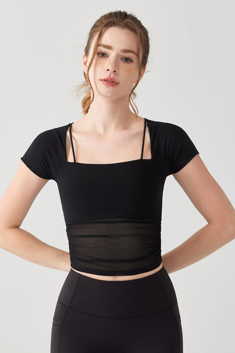 Women's Mesh Sheer Layer Faux Two-Piece Padded Athletic Tee