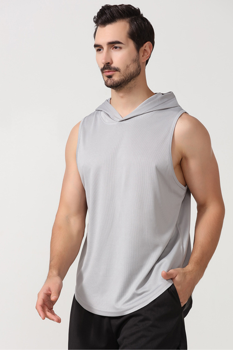 Men's Hooded Curved Hem Mesh Quick Dry Athletic Tank Top