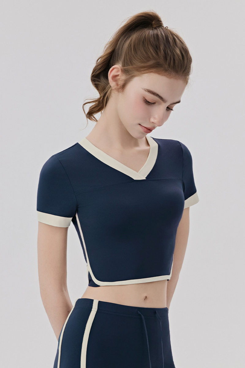 Women Slim Color Block V neck Cropped Yoga Athletic Tee