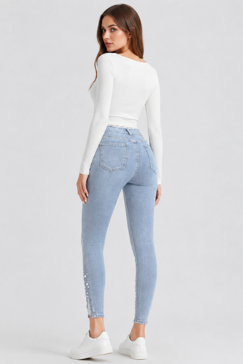 Women's High Waist Pearl Embellished Stretch Skinny Jeans