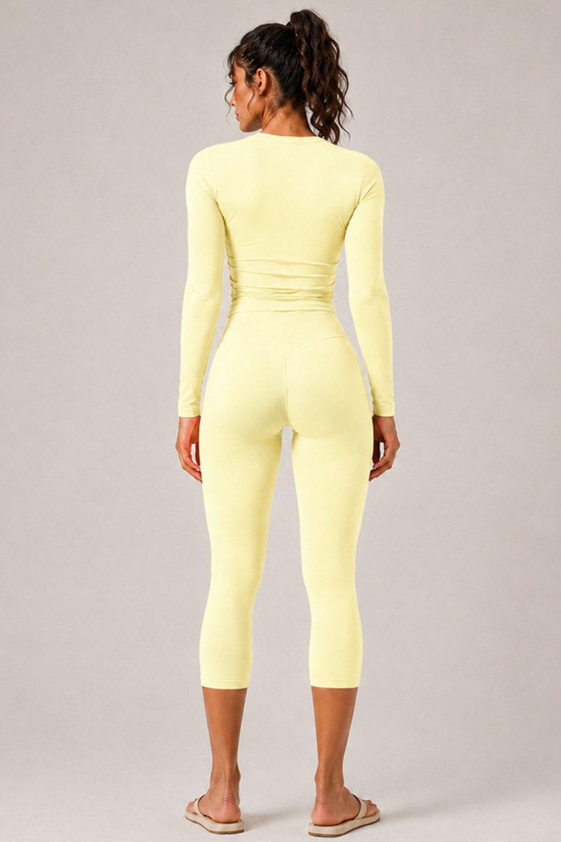 Women's Brushed Crew Neck Long Sleeve T-shirt And Capri Yoga Set