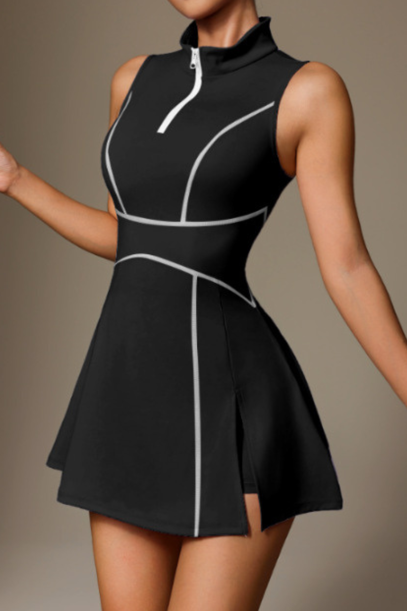 Women's Half Zip Stand Collar Stripe Contrast Tennis Dress