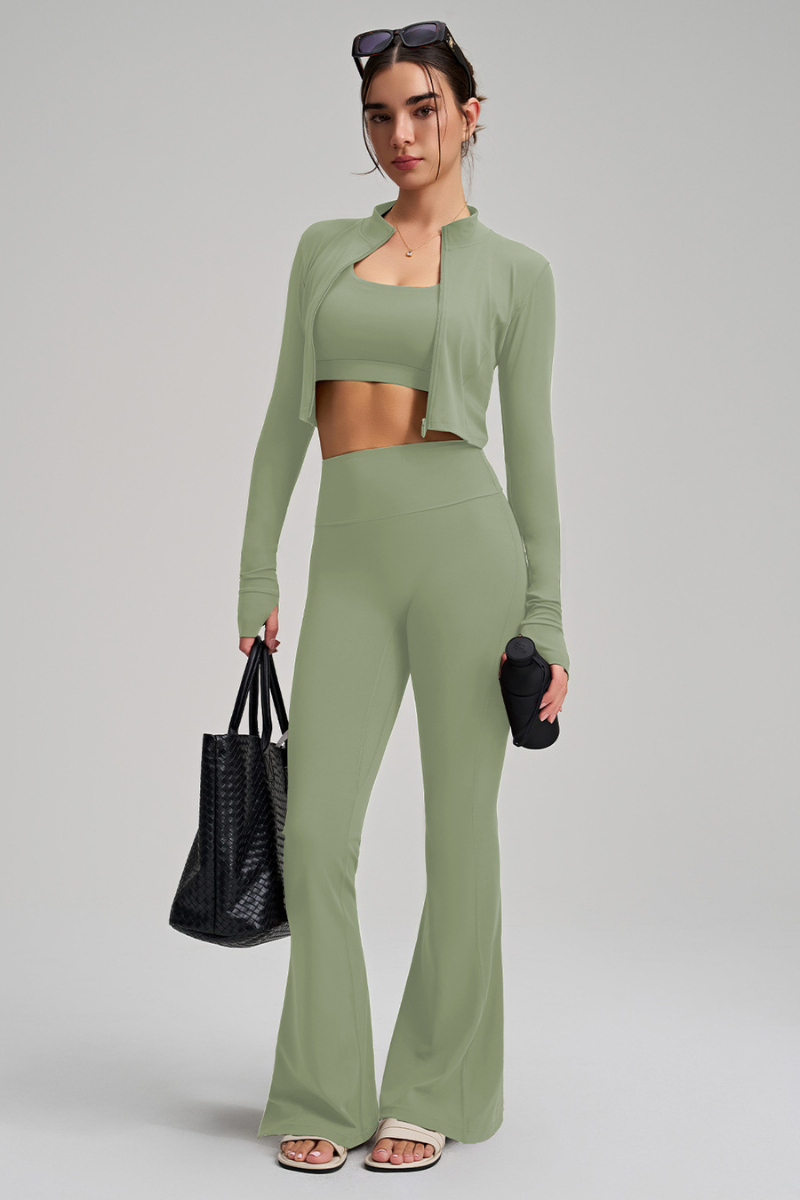 Women Sculpt Jacket Thin-Strap Bra Flared Pants 3-Piece