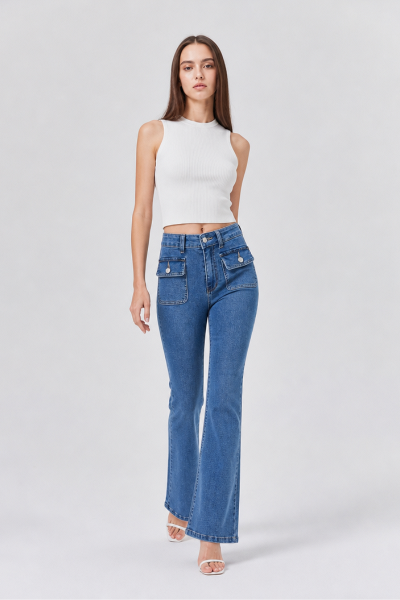 Women's High Waist Flare Jeans with Button Front Pockets