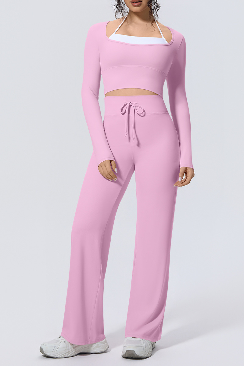 Women Sets:Cropped Long Sleeve T-shirt And Straight Leg Pant