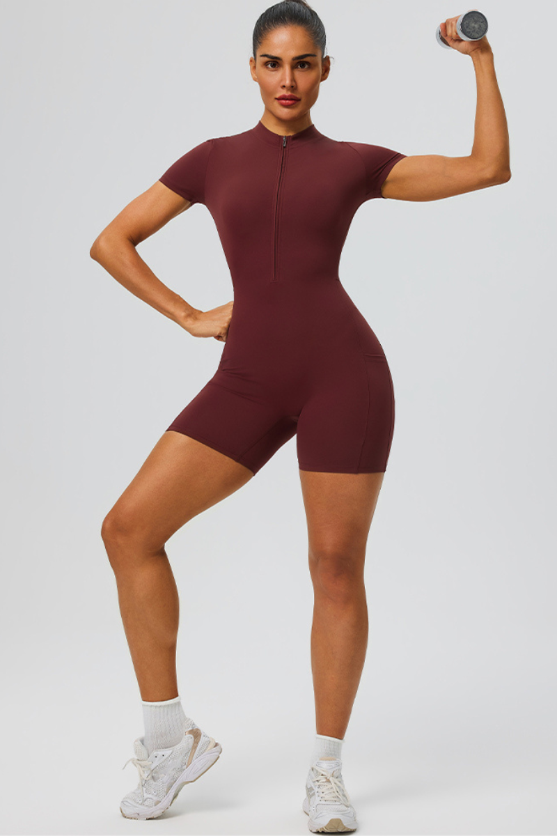 Women's Half Zip Side Pocket Short Sleeve Sport Jumpsuit