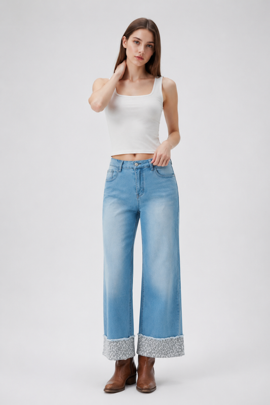 Women's Fall Leopard Print Cuff Relaxed Wide Leg Jeans