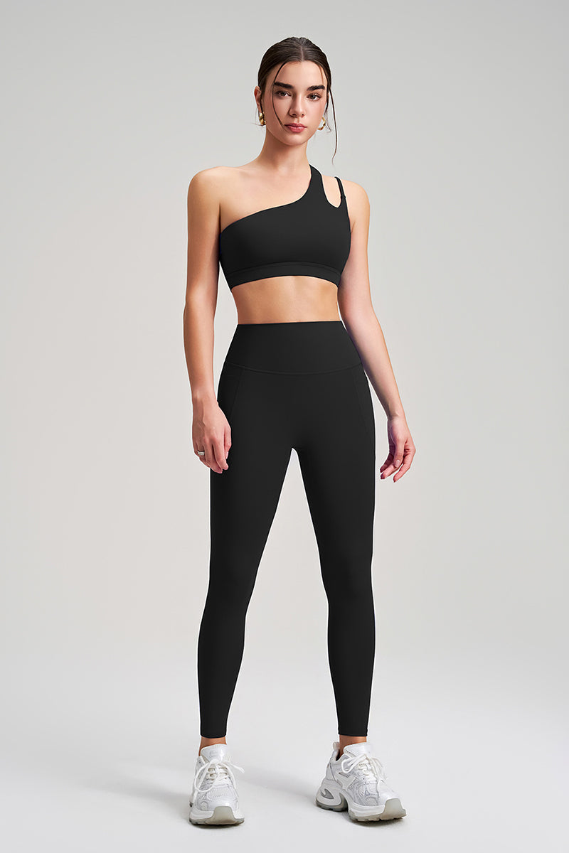 Women Single Shoulder Backless Yoga Set: Crisscross Strap Sports Bra + High Waist Leggings