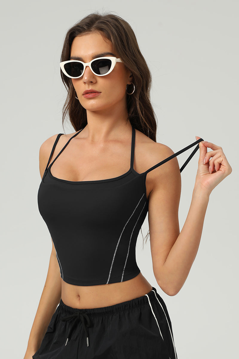 Women Naked-Feel Color-Block Slim-Fit Yoga Sports Bra With Thin Hanger Straps