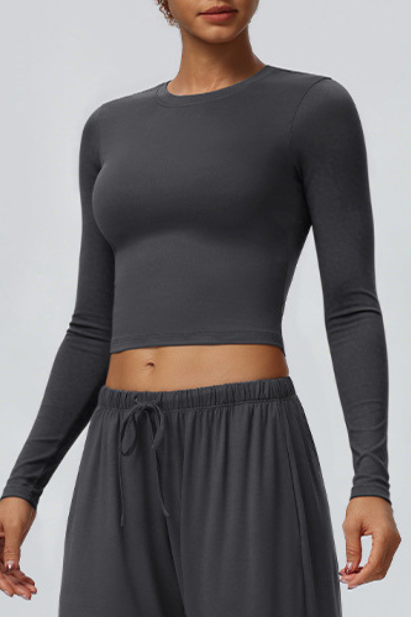 Women's Crew Neck Cropped Long Sleeve Athletic Top